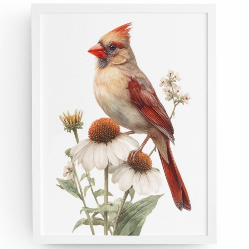 Watercolor Female Cardinal Bird with Flowers Wall Art Print Unframed